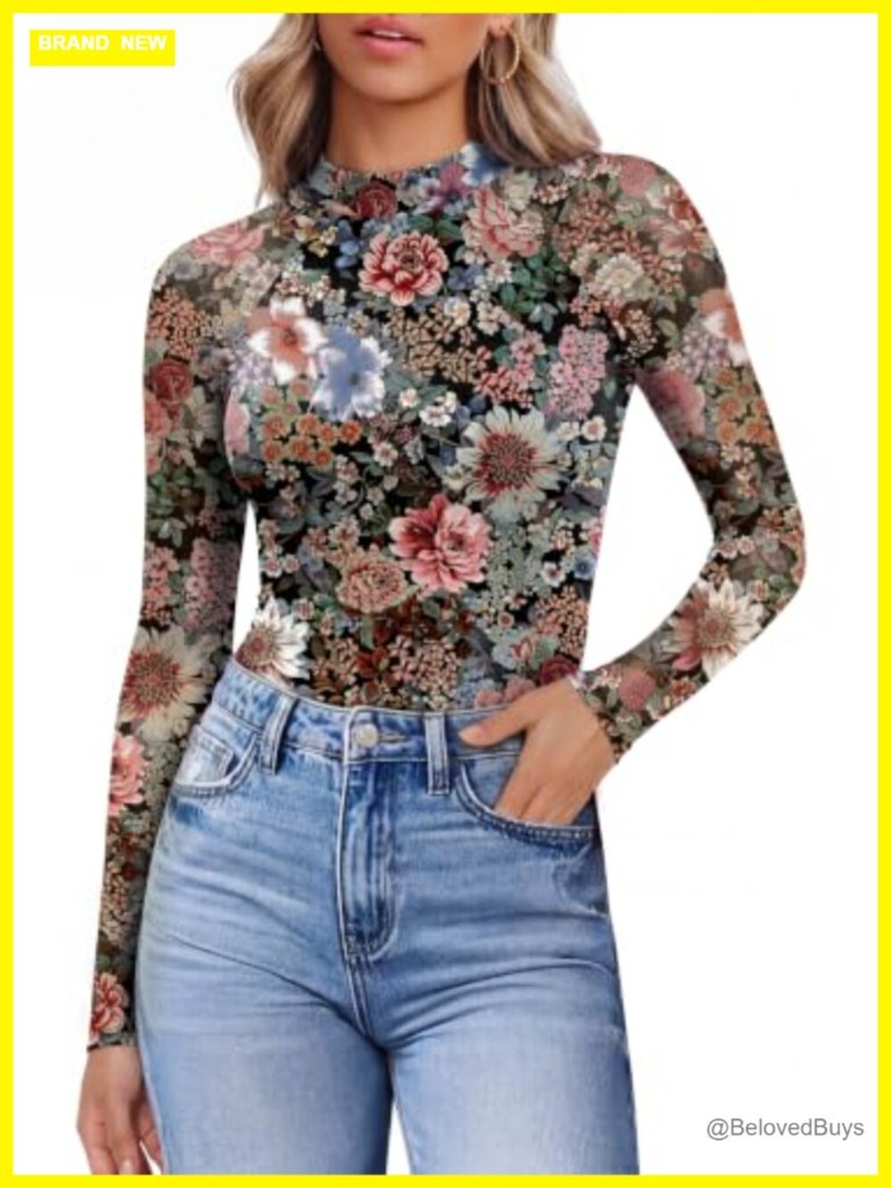 Women's Long Sleeve Sheer Mesh Lace Blouse Mock Neck Slim Fit Top
